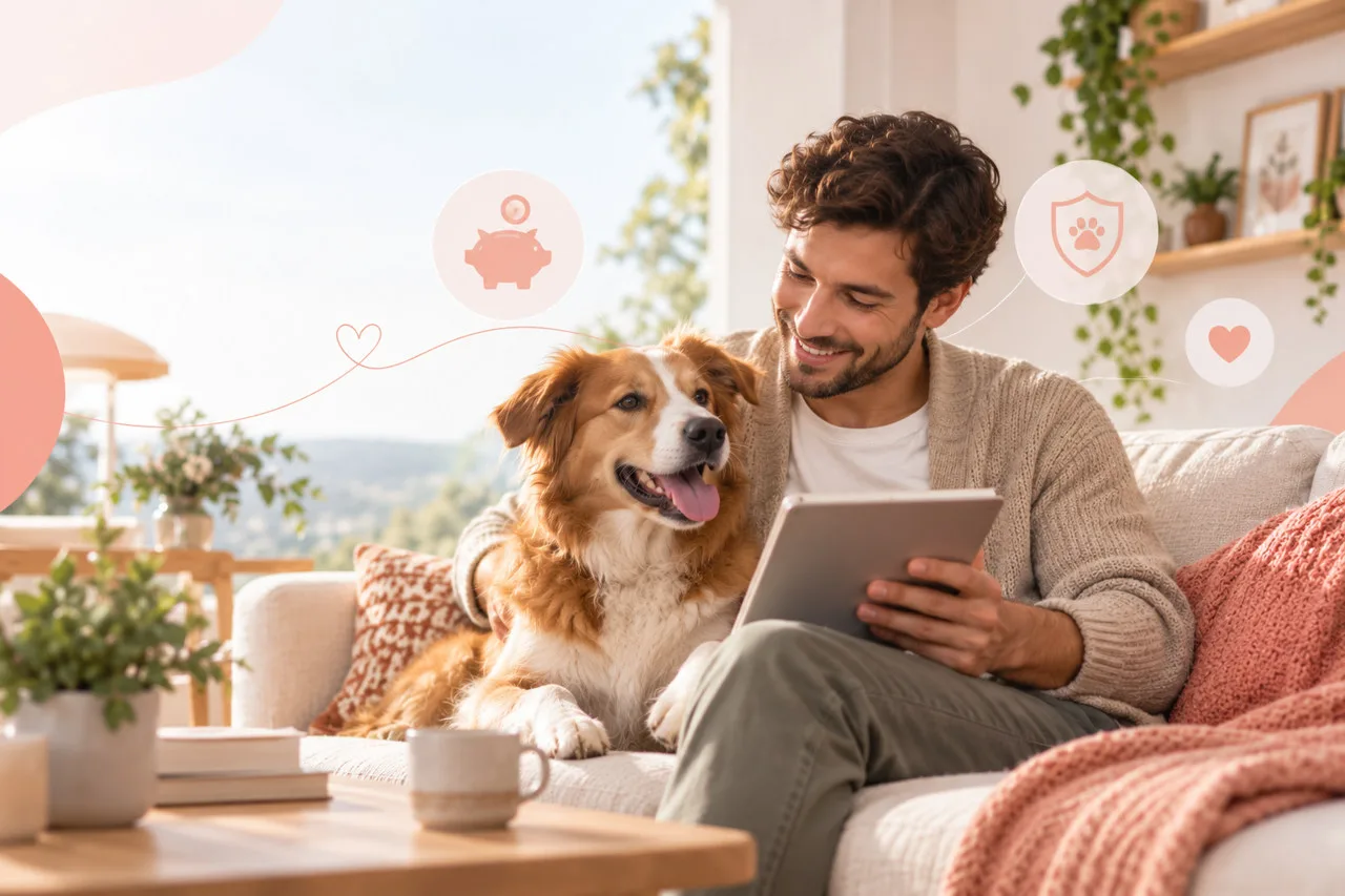 Owner looking at a tablet beside a golden-colored dog